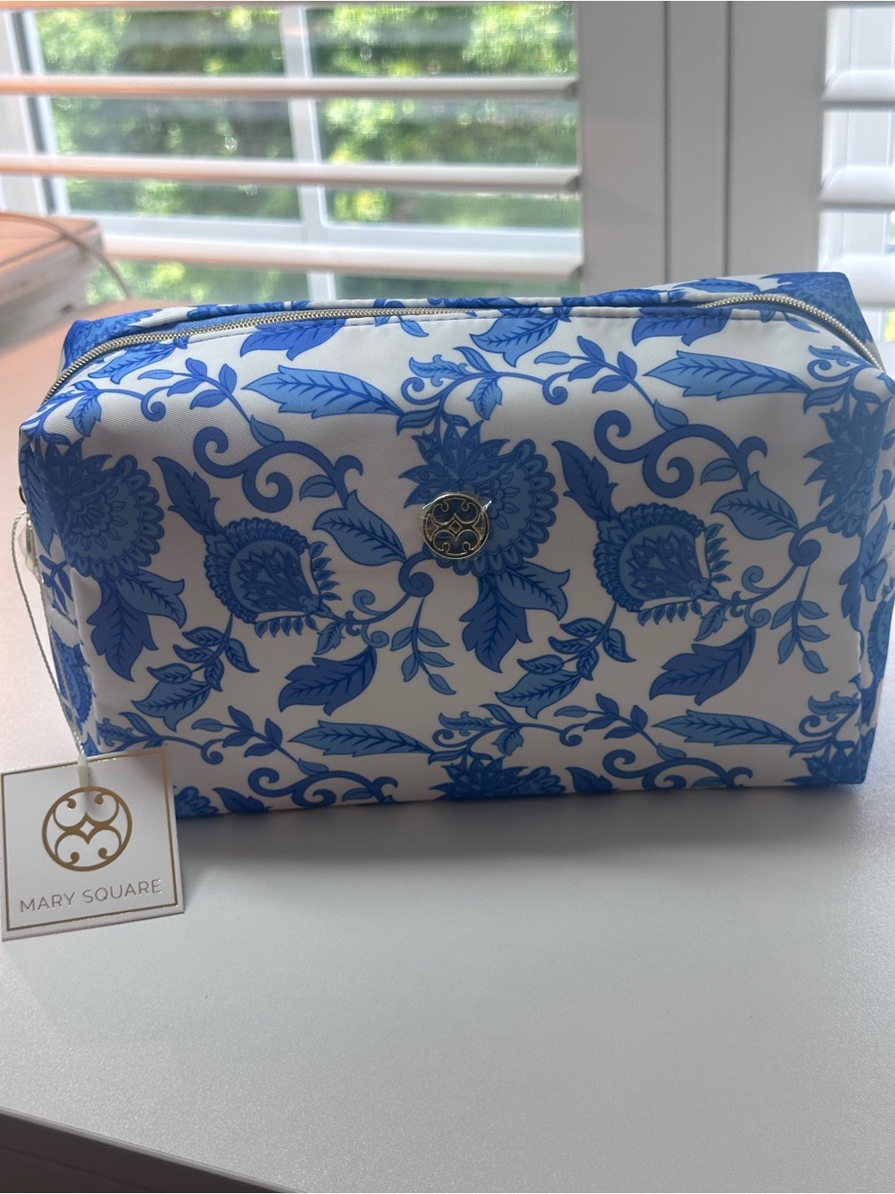 Mary Square Blue Floral Cosmetic Pouch/Bag Lets Face it Bag | Porcelain Vines